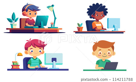 Set of four cartoon children engaging in online learning at home Set of four cartoon children engaging in online learning at home 114211788