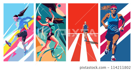 Group of people running on colorful background, poster set. 114211802