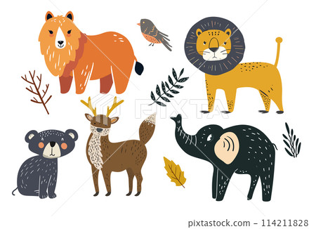 Vector illustration set of cute lion, elephant and animals in nature 114211828