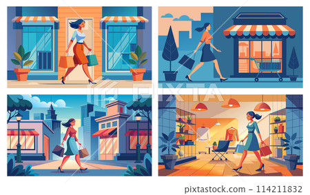 Stylish woman enjoying shopping spree in various city locations vector illustration set 114211832