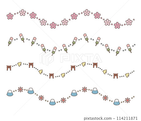 Pop decorative borders (color): cherry blossoms, dumplings, shrines, Mt. Fuji 114211871
