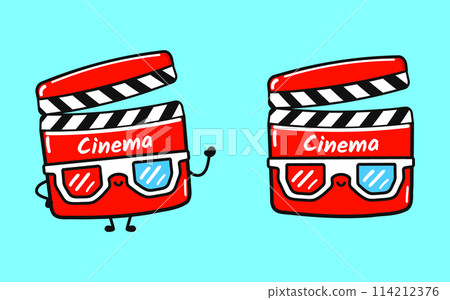 Movie clapper character. Vector hand drawn cartoon kawaii character illustration icon. Isolated on blue background. Movie clapper character concept 114212376