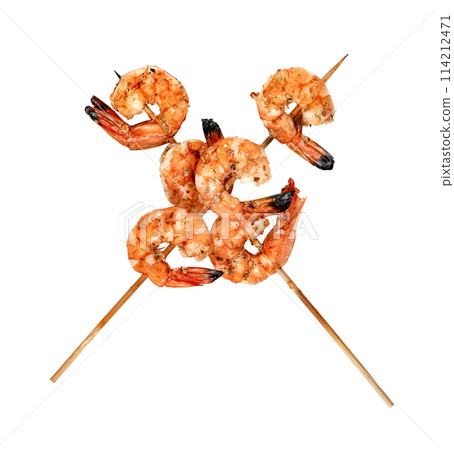 roasted peeled prawn with skewer isolated. grilled shrimp 114212471