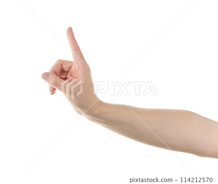 Adult man hand point or click gesture isolated on white background 114212570
