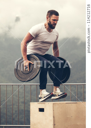 Strong male athlete doing box jumps with two plates outdoor on top of mountain. 114212716