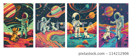 Retro science fiction, a space exploration scene on Mars and astronaut illustration poster set. 114212906