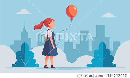 Young girl with a red balloon in a stylized city park vector illustration Young girl with a red balloon in a stylized city park vector illustration 114212912