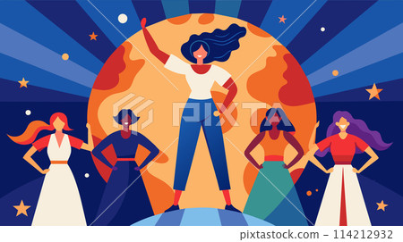 Empowered women standing together with a cosmic backdrop 114212932