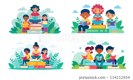 Diverse group of children reading books outdoors, educational vector illustration 114212934