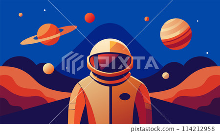 Astronaut on an alien planet vector illustration in vibrant colors 114212958