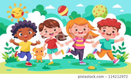Happy children playing outdoors in the park vector illustration 114212972