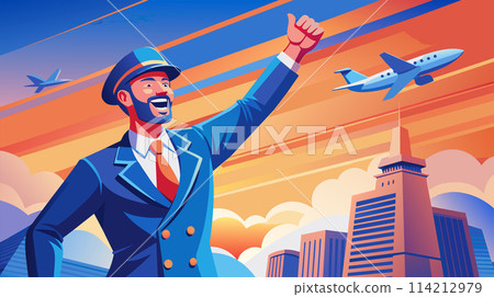 Confident pilot waving in front of plane and cityscape vector illustration Confident pilot waving in front of plane and cityscape vector illustration 114212979