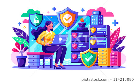 Female cybersecurity expert protecting data online vector illustration Female cybersecurity expert protecting data online vector illustration 114213090