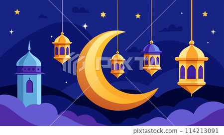 Colorful Ramadan Kareem illustration with moon and lanterns Colorful Ramadan Kareem illustration with moon and lanterns 114213091