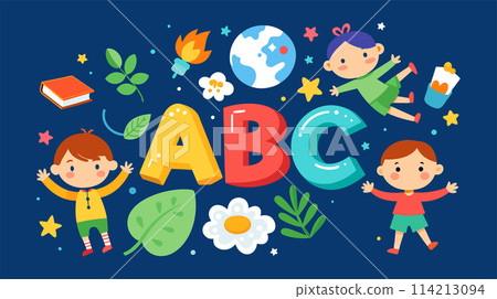 Playful children and educational elements on blue background Playful children and educational elements on blue background 114213094