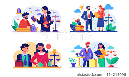 Colorful vector illustrations of legal professionals and clients in various law-related settings 114213096