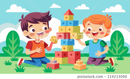 Two happy cartoon children building a block tower outdoors 114213098