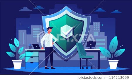 Cybersecurity concept with shield and professional in office setting 114213099