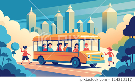 Colorful school bus with children in a cityscape vector illustration 114213117