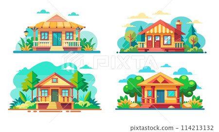Set of four cartoon vector illustrations of colorful cozy houses with landscaping Set of four cartoon vector illustrations of colorful cozy houses with landscaping 114213132