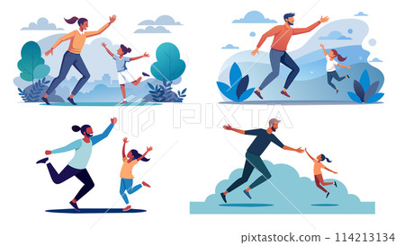 Happy families engaging in outdoor activities, parents playing with kids Happy families engaging in outdoor activities, parents playing with kids 114213134