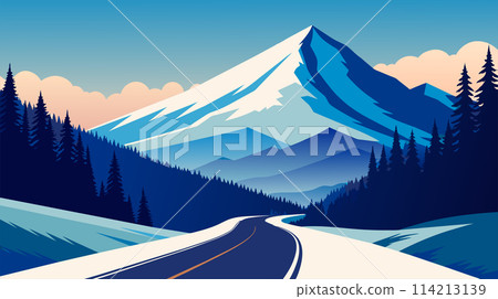 Scenic mountain landscape with winding road at dusk 114213139