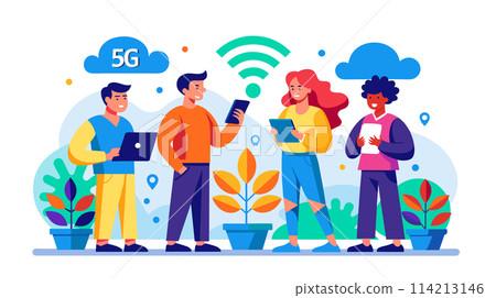 Group of people using 5g network on devices outdoors, vector illustration 114213146