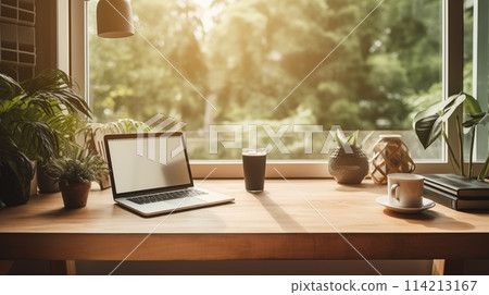 Laptop on table with lush garden view in cozy atmosphere Laptop on table with lush garden view in cozy atmosphere 114213167