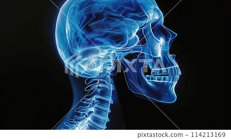 medical illustration of the human brain and skull in blue x-ray style, showcasing neurological health and brain structure for educational use 114213169