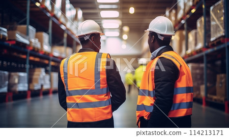 Staff overseeing inventory in bustling warehouse environment 114213171