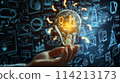 Hand holds light bulb surrounded by phone icons 114213173