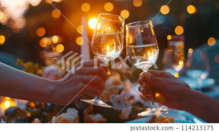 Man and woman celebrate, toasting on special evening 114213175