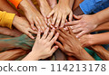Hands unite in circle, blending diversity and symbolizing unity 114213178