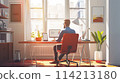 Man works in serene home office with office equipment 114213180