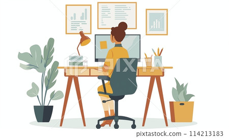 Woman works with computer in cozy, relaxed office Woman works with computer in cozy, relaxed office 114213183