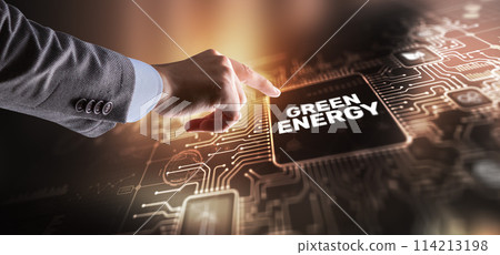 Businessman clicks Green eco energy icons. Reducing environmental risks Businessman clicks Green eco energy icons. Reducing environmental risks 114213198