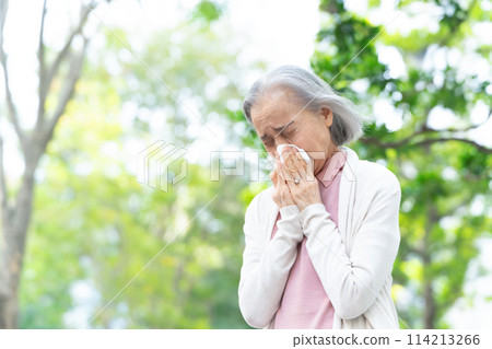 老婦人擤鼻涕、過敏、花粉熱 114213266