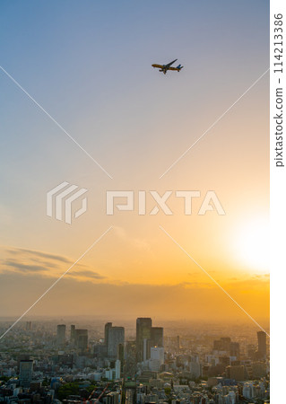 [東京] 黃昏時分飛越澀谷大都會的飛機 114213386