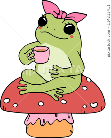 Retro groovy frog with coffee on mushroom cartoon doodle Retro groovy frog with coffee on mushroom cartoon doodle 114213411