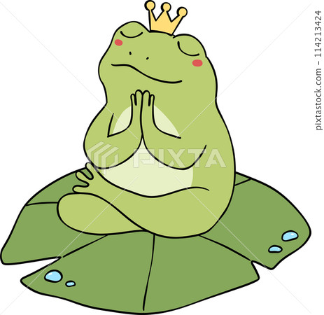 Retro groovy frog meditation yoga on lotus leaf cartoon doodle 114213424