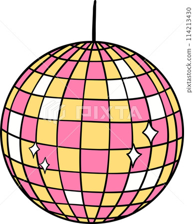 Retro groovy pink disco ball cartoon doodle 114213430