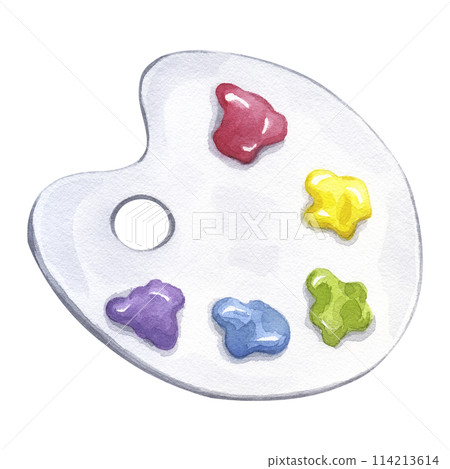 Artist's palette with paints different colors. Painter's tool, colorful samples watercolor, gouache, acrylic or oil. Hand drawn illustration isolated background. Painting picture equipment Artist's palette with paints different colors. Painter's tool, colorful samples watercolor, gouache, acrylic or oil. Hand drawn illustration isolated background. Painting picture equipment 114213614