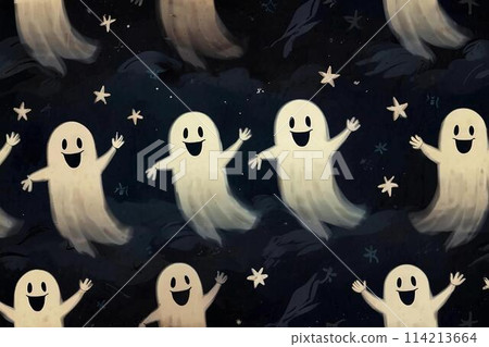 Many cute sheet ghosts dancing in the night sky with the stars 114213664