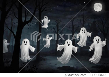 A cute white sheet ghost dancing with the moon in the forest at night 114213665