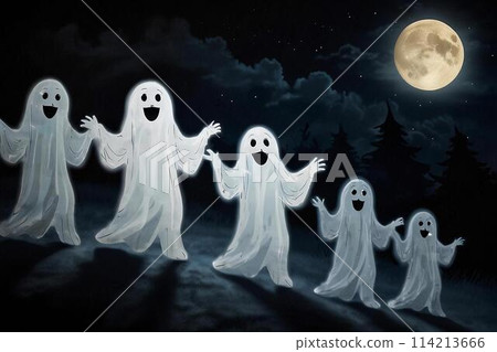 A cute white sheet ghost dancing with the moon in the night forest 114213666