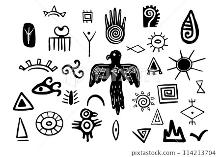 Tibal traditional primitive aztec elements doodle style, mexican indigenous native print, collection torems symbols isolated on white background. 114213704
