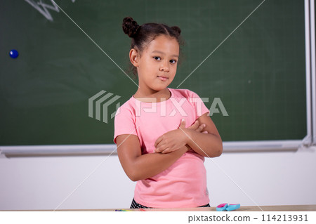 African girl posing on chalk board. black schoolgirl in classroom 114213931