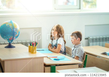 school children participating actively in class. Education, learning, high school 114213945