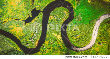 Aerial View Green Forest Woods And River Landscape In Sunny Spring Summer Day. Top View Of Beautiful European Nature From High Attitude In Autumn Season. Drone View. Bird's Eye View 114214227
