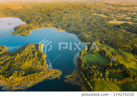 Braslaw District, Vitebsk Voblast, Belarus. Aerial View Of Lakes, Green Forest Landscape. Top View Of Beautiful European Nature From High Attitude. Bird's Eye View. Famous Lakes Braslaw District, Vitebsk Voblast, Belarus. Aerial View Of Lakes, Green Forest Landscape. Top View Of Beautiful European Nature From High Attitude. Bird's Eye View. Famous Lakes 114214228